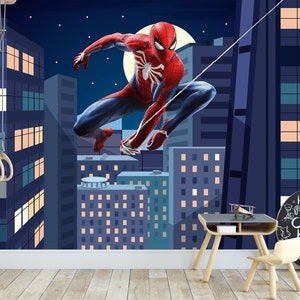 Spiderman Tapete Jungenzimmer, Schälen und Aufkleben Kinder Wandbild, Superheld Tapete, Teenager Jungen Tapete, Stadtbild für Kleinkind Schlafzimmer