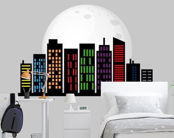 Décalcomanie murale bâtiments pour chambre de garçon, Sticker mural paysage urbain super-héros pour chambre, décoration en vinyle pour salle de jeux Skyline, décalcomanie lune pour chambre de bébé