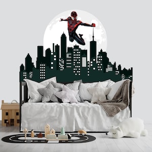 Spider-man muur sticker voor jongenskamer, superheld sticker voor kinderen, skyline decor boven wieg, cadeau voor peuter, gebouwen print voor speelkamer