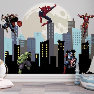 Superhero Wallpaper For Boys Room, Super Hero Wall Art Decor For Nursery, Spiderman Mural For Kids Playroom, Toddler Bedroom Wall Mural