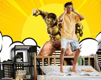 Hulk Wallpaper, Superhero Wall Mural for Boys Room, Comic City Skyline Wallpaper, Kids Bedroom Decor, Peel and Stick Wall Mural