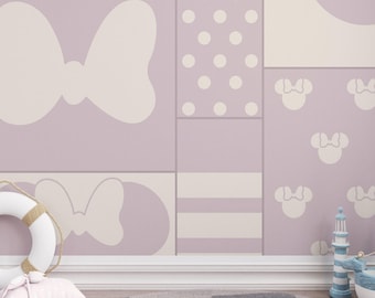 Minnie Mouse Wallpaper, Lavender Patchwork Wallpaper, Minnie Bow Geometric Pattern, Girls Nursery Kids Room Decor