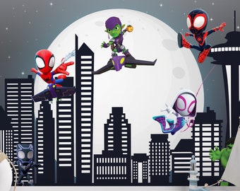 Spiderman Wallpaper for Boys Room, Night City Skyline Mural For Kids Bedroom, Superhero Wall Decor For Toddler Nursery, Moon Decor Playroom