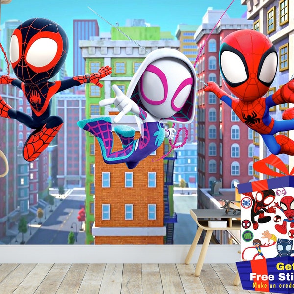 Carta da parati Spiderman per la cameretta dei bambini, murale stacca e incolla di supereroi, decorazione da parete per la cameretta dei bambini, carta da parati rimovibile per bambini Spiderman con gli amici