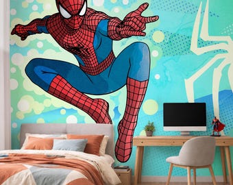 Superhero Peel and Stick Vinyl Mural, Spiderman Wallpaper for Boy Room, Nursery Wall Decor, Toddler Removable Wallpaper