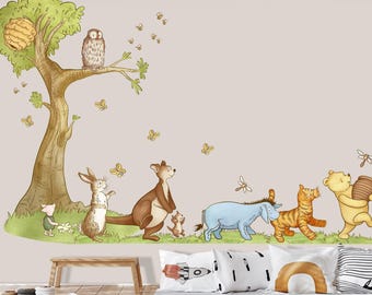 Large Winnie the Pooh and Friends Wall Decal for Kids Room, Winnie Bear Themed Nursery, Peel and Stick Pooh Playroom Sticker