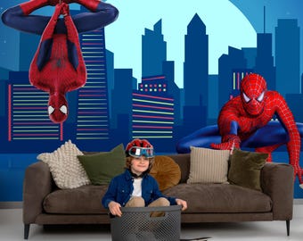 Spiderman Peel and Stick Wall Mural, Superhero City Skyline Wallpaper, Boys Bedroom Comic Decor, Kids Playroom Accent Wall