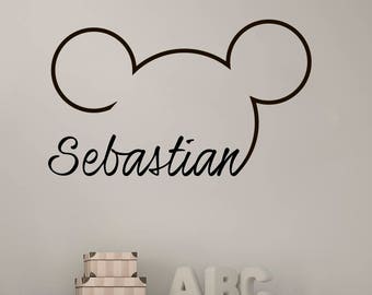 Mickey Mouse Themed Nursery Boy, Mickey Mouse Ears with Name Wall Decal Kids, Custom Personalized Baby Boy Name Decor Kids Room aa515