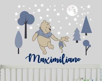 Winnie-the-Pooh Vinyl Sticker Nursery. Wall Decal Baby Room. Stars and Moon Wall Decal Above Bed. Trees Decor Art Mural. Name Decals SA576