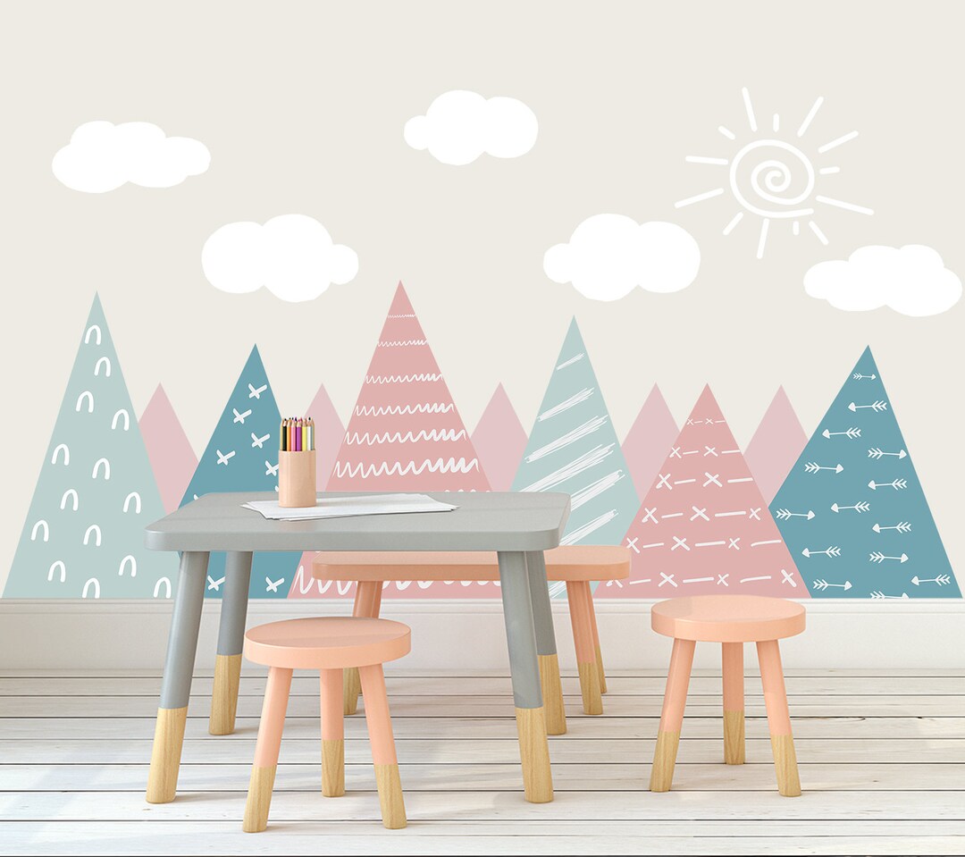 Mountains Wall Decor Baby Girl Room. Sticker Clouds Sun Landscape