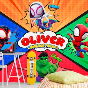 Spiderman & Friends Wall Mural, Custom Name Superhero Wallpaper for Boys, Toddler Room or Nursery, Removable Peel and Stick Wall Covering
