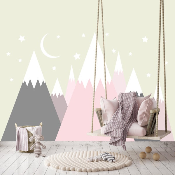 Pink Mountain Wall Decal Above Bed Bedroom - Mountains Stars Moon Stickers Toddler Girls Room Decor - Mountains Grey Mural for Kids Nursery