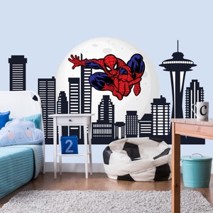 Spiderman Wall Decal Boys Room - Superhero Skyline Sticker - Large City Scape Wall Decor for Kids Playroom - Moon Mural Toddler Bedroom