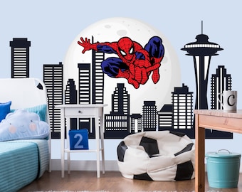 Spiderman Wall Decal Boys Room - Superhero Skyline Sticker - Large City Scape Wall Decor for Kids Playroom - Moon Mural Toddler Bedroom