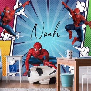 Carta da parati personalizzata con supereroi, stacca e attacca la stanza dei ragazzi, Spiderman con il nome, murale per bambini, sala giochi, decorazione a fumetti, camera da letto rimovibile per adolescenti