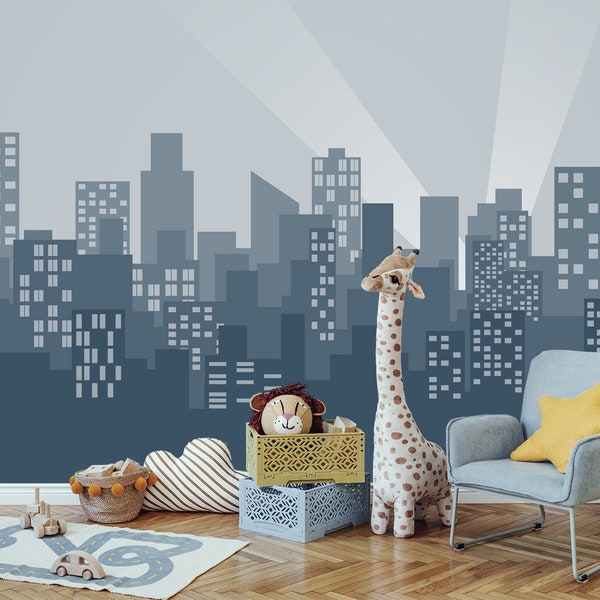 Cityscape Superhero Wallpaper For Boy's Room, Peel and Stick, Comics Wall Mural Kids, Skyline Removable Wall Decoration Toddler Bedroom