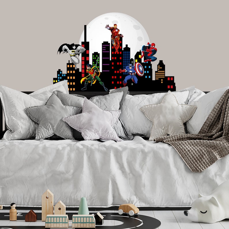 Superhero Wall Sticker Boys Bedroom City Skyline Art Decor Etsy