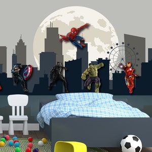 Superhero Wall Decor Teen Boys Bedroom, Wallpaper Peel and Stick Kids Room, Spiderman Wall Mural Playroom, City Skyline Wallpaper Removable