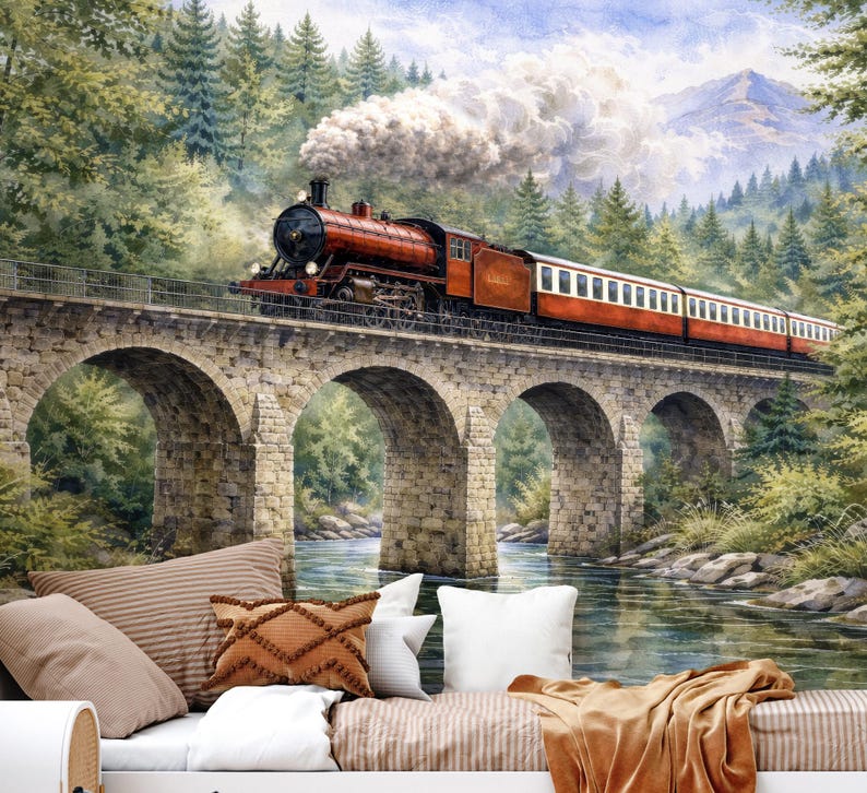 Vintage Train Wallpaper Mural for Boys Room, Locomotive Peel and Stick ...