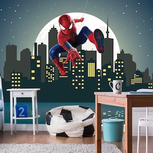 Comics Wallpaper Peel and Stick Kids, Spiderman Teen Boys Room Wall Decor Kid, Night Cityscape Wallpaper, Avengers Art Mural Toddler Bedroom