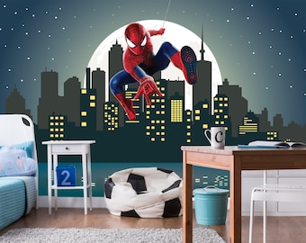 Comics Wallpaper Peel and Stick Kids, Spiderman Teen Boys Room Wall Decor Kid, Night Cityscape Wallpaper, Avengers Art Mural Toddler Bedroom