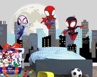 Fondo de pantalla de Spiderman para habitación de niños, decoración de pared de cáscara y palo de superhéroe, mural de pared de guardería, fondo de pantalla de Spiderman con amigos para niños pequeños