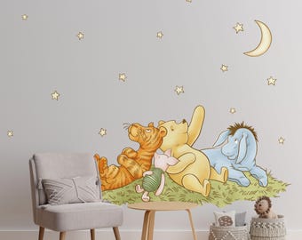 Winnie the Pooh Moon Wall Decal, Peel and Stick Nursery Sticker, Pooh Bear and Friends Wall Decor, Kids Bedroom Storybook Sticker