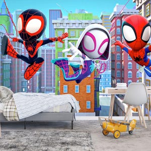 Spiderman Wallpaper for Kids Room, Superhero Peel and Stick Mural, Nursery Wall Decor, Spiderman with Friends Toddler Removable Wallpaper image 2