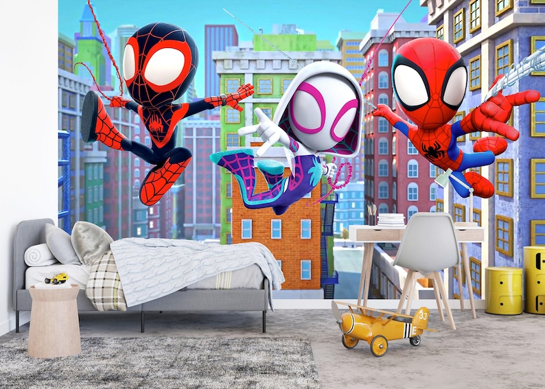 Spiderman Wallpaper for Kids Room, Superhero Peel and Stick Mural, Nursery Wall Decor, Spiderman with Friends Toddler Removable Wallpaper image 2