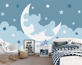 Light Blue Mickey Mouse Boy Wallpaper, Night Mickey On The Moon, Kids Room Nursery Wall Paper, Clouds and Stars Peel and Stick Wall Mural