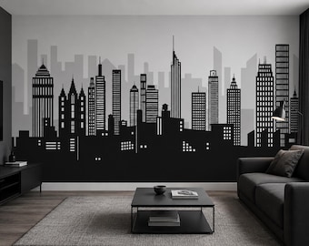Modern City Skyline Wall Mural, Black and White Peel and Stick Wallpaper, Minimalist Urban Accent Wall for Living Room or Teen Bedroom