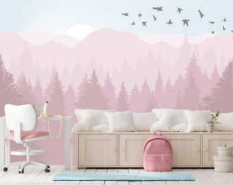 Mountain Forest Kids Wallpaper Nursery, Pine Tree Wall Mural Girls Playroom, Soft Pink Landscape Wallpaper Girl Room, Pastel Decor Bedroom