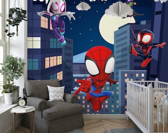 Kids Spiderman Wallpaper, Peel and Stick Wall Decor, Superhero Mural for Nursery, Spiderman with Friends Room Decor, Wallpaper for Toddler
