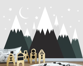 Large Mountain Wall Decal Art Above Bed Boy Bedroom. Mountains Decor for Kids. Adventure Mural Moon Stars Stickers Boys Nursery