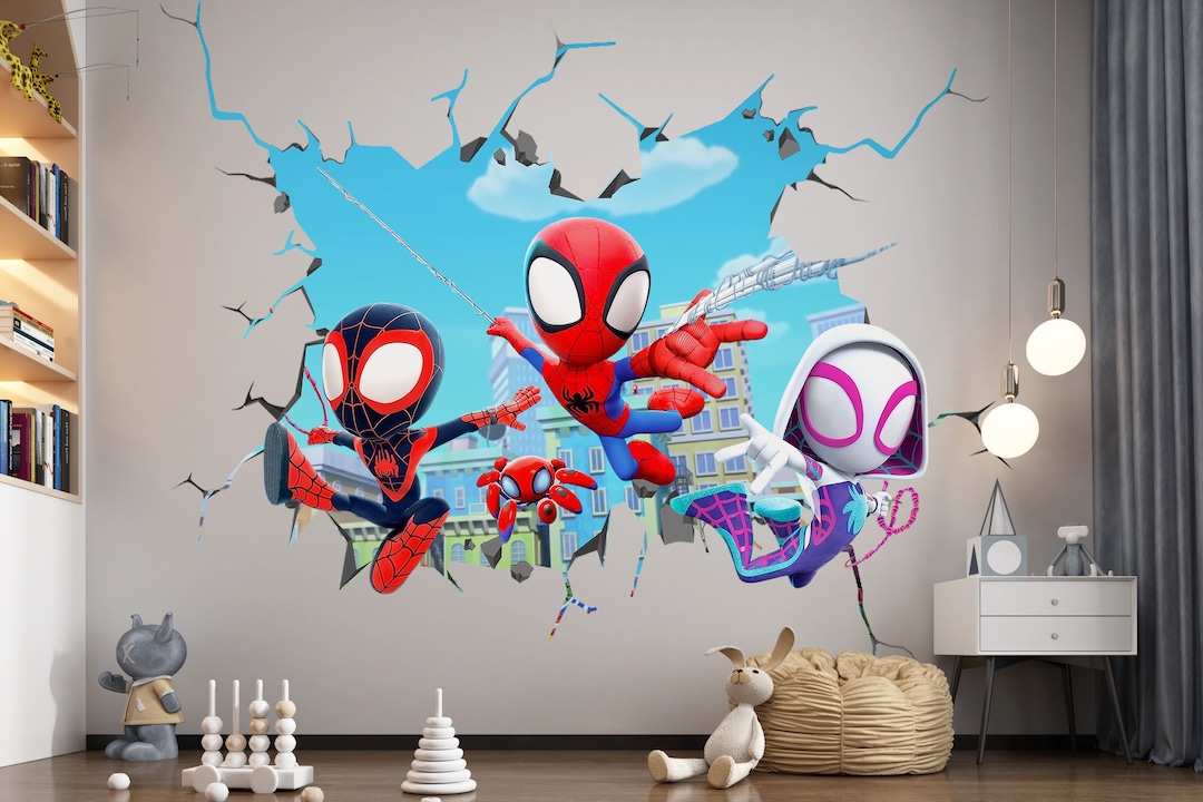 Large Kids Spiderman Wall Sticker, City Background Superhero Decal