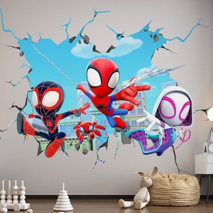 Large Kids Spiderman Wall Sticker, City Background Superhero Decal, Jumbo Spiderman Mural for Boy Room, Nursery Decor Spiderman and Friends