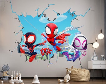 Large Kids Spiderman Wall Sticker, City Background Superhero Decal, Jumbo Spiderman Mural for Boy Room, Nursery Decor Spiderman and Friends