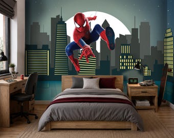 Comic Wallpaper Peel and Stick, Spiderman Teen Boys Room Wall Decor, Kids Night Cityscape Wallpaper, Superhero Mural for Toddler Bedroom