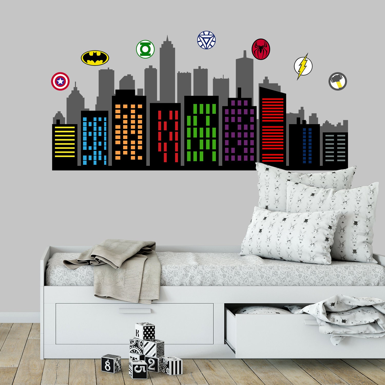 Superhero Mural Wall Art City Wall Decal Kids Room Super Etsy