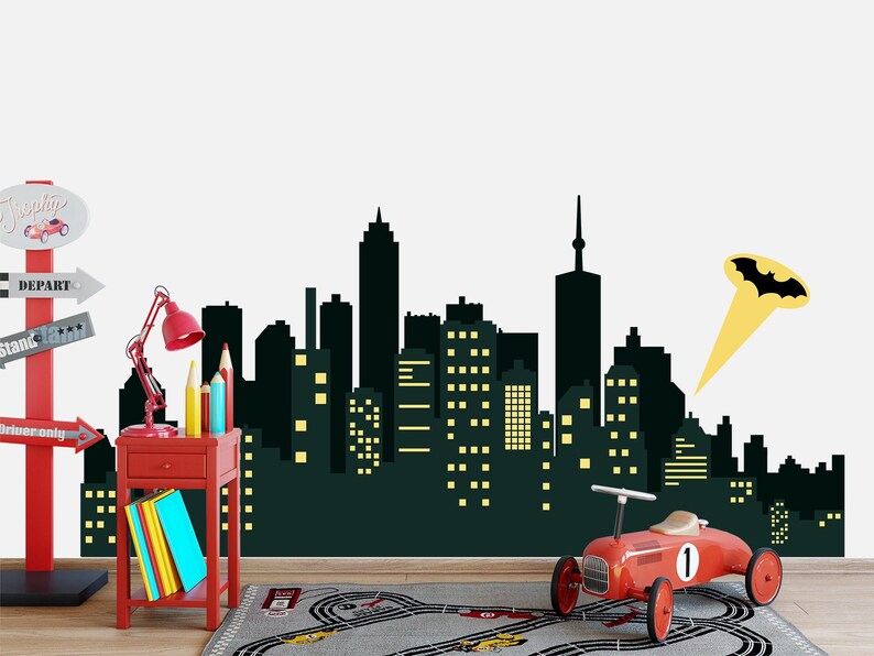 Cityscape Wall Decal Night Layered City Superhero Skyline Etsy