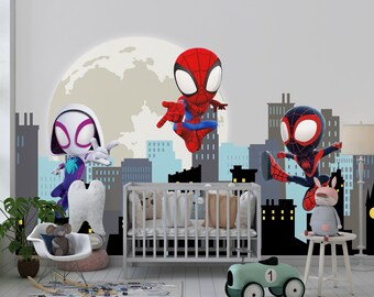 Spiderman Wallpaper para la habitación de los niños, luna y paisaje urbano Peel and Stick Mural, Spiderman con amigos niño pequeño fondo de pantalla de superhéroe extraíble