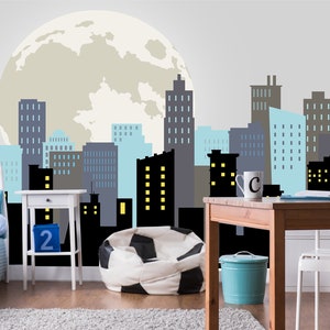 Superhero Cityscape Wallpaper Peel and Stick for Boys Room, Comics Wall Mural Kids Bedroom, Moon and Skyline Wall Decoration Nursery