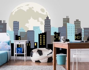 Papel pintado de paisaje urbano de superhéroe, despegar y pegar para habitación de niños, mural de pared de cómics, dormitorio para niños, decoración de pared de luna y horizonte, guardería