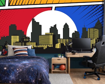 Comic City Skyline Wallpaper, Superhero Cityscape Wall Mural, Pop Art Wallpaper for Boys Room, Comic Book Kids Bedroom Decor, Peel and Stick