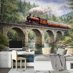 May include: A scenic mural depicts a red steam train crossing a stone bridge over a river. The train has a black engine and several passenger cars with white-framed windows. The background features lush green trees, a mountain range, and a cloudy sky.