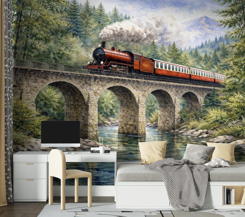 Vintage Train Wallpaper Mural for Boys Room, Locomotive Peel and Stick ...