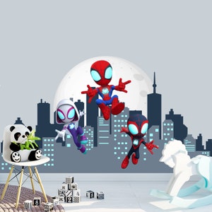 Large Kids Spiderman Sticker, City Background Superhero Wall Decal, Jumbo Spiderman Mural For Boy Room, Nursery Decor Spiderman With Friends