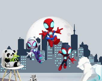 Etiqueta engomada grande de Spiderman para niños, calcomanía de pared de superhéroe de fondo de la ciudad, mural de Spiderman gigante para habitación de niño, decoración de guardería Spiderman con amigos