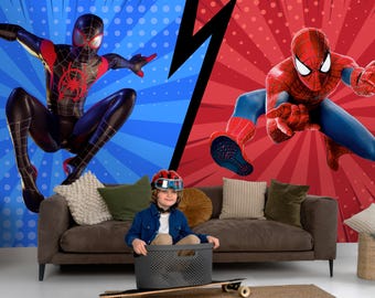 Miles Morales Accent Wall for Boys Room, Spiderman Wallpaper Peel and Stick Kids Playroom, Comics Superhero Mural for Toddler Bedroom