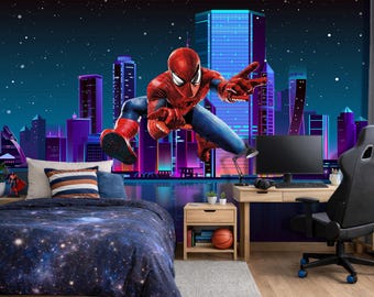 Superhero Wall Mural Peel and Stick for Kids Room, Spiderman Wallpaper Boys Bedroom, Playroom Wall Art Decor Toddler Cityscape Gaming Room